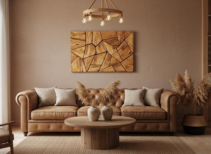 Olive Wood Mosaic Wall Art: Geometric Wooden Wall Panel